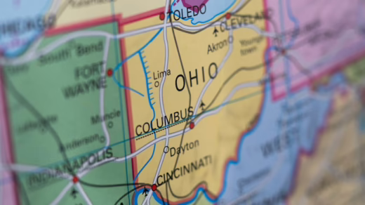 paper map with the states of ohio indiana and kentucky