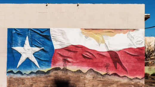 Now-incomplete depiction Texas flag building