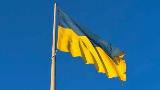 ukrainian flag against clear blue sky