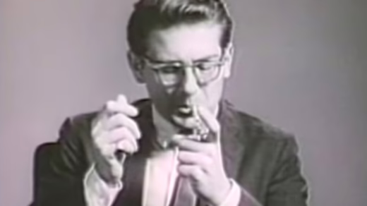 screenshot of advertisement "confessions of a republican", old grainy footage of a man lighting a cigarette