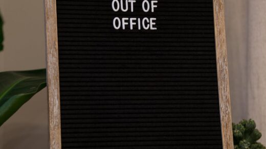 cozy office scene with out of office sign